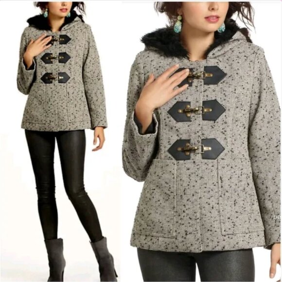 Anthropologie Third Piece Wool Peacoat Jacket Womens 14 Tweed Fur Hood Clasp New - Picture 1 of 8